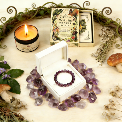 Green Witch Cleansing Kit: Purple Crystal Bracele, Oracle Deck & White Sage Candle