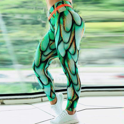 Elastic Green Wings Print Yoga Leggings