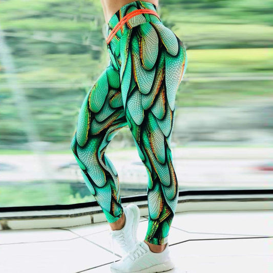 Elastic Green Wings Print Yoga Leggings