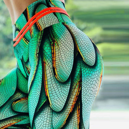 Elastic Green Wings Print Yoga Leggings