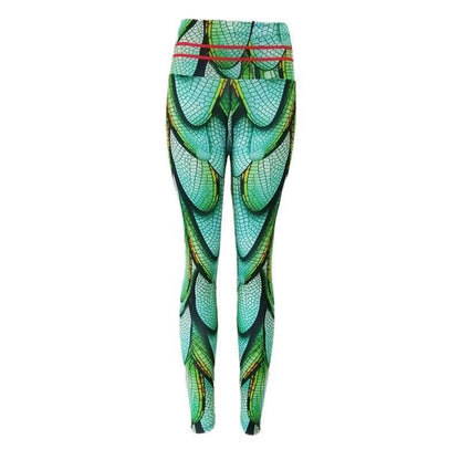 Elastic Green Wings Print Yoga Leggings
