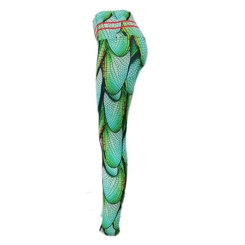 Elastic Green Wings Print Yoga Leggings