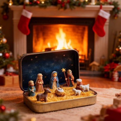 Mini Christmas Nativity Set in a Tin Box